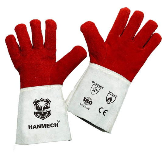 HANMECH MIG/ARC/TIG Welding 14 Inch Gloves with Extra Padded Palm Leather High Temperature Hot Thermal Work Safety Heavy Duty (1 pair) (Red)