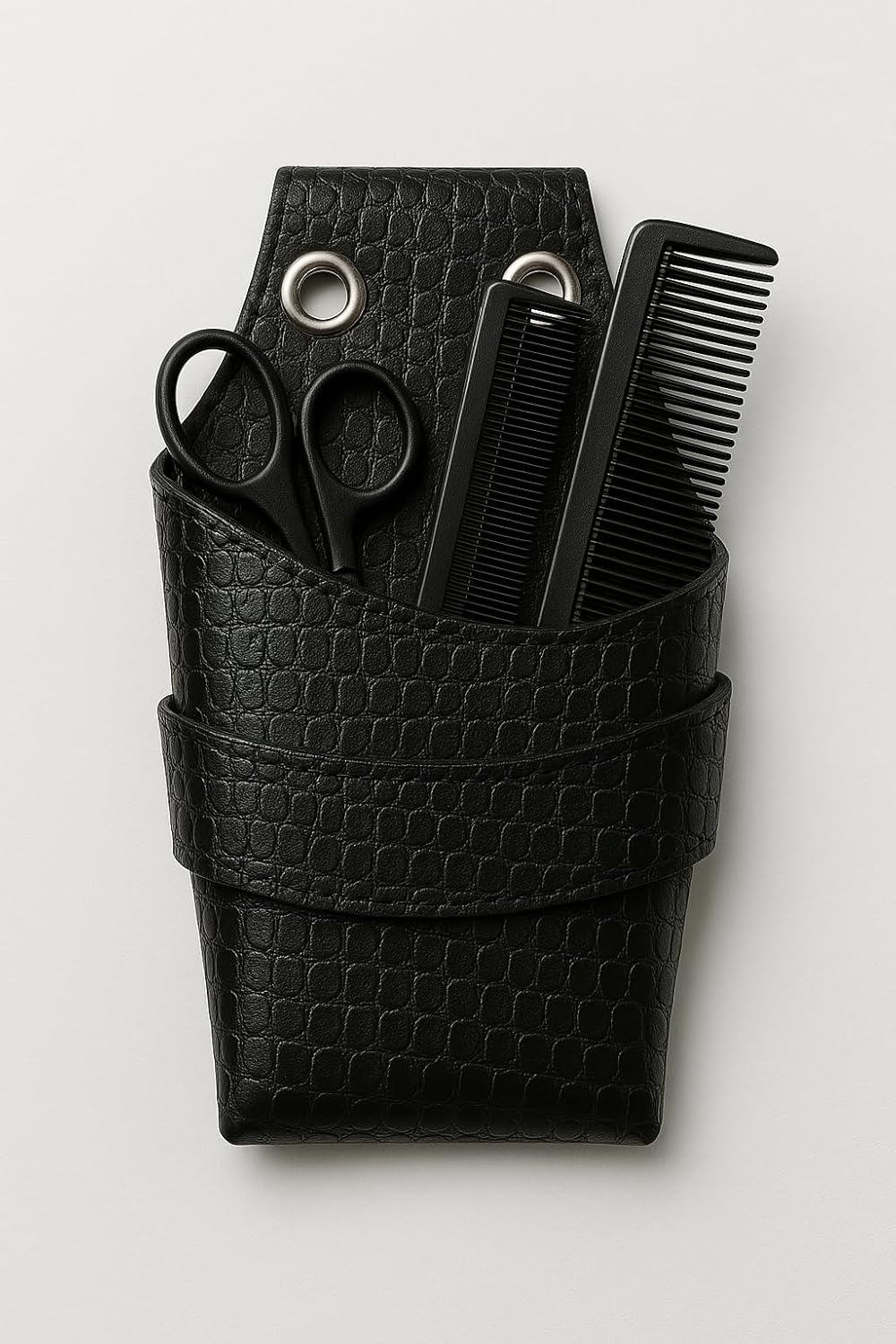 Barber Leather Tool Holster - Black Crocodile Print Scissor & Comb Pouch for Hairdressers | Belt Attachment Side Bag for Salon & Barbershop Use (Pack of 1)