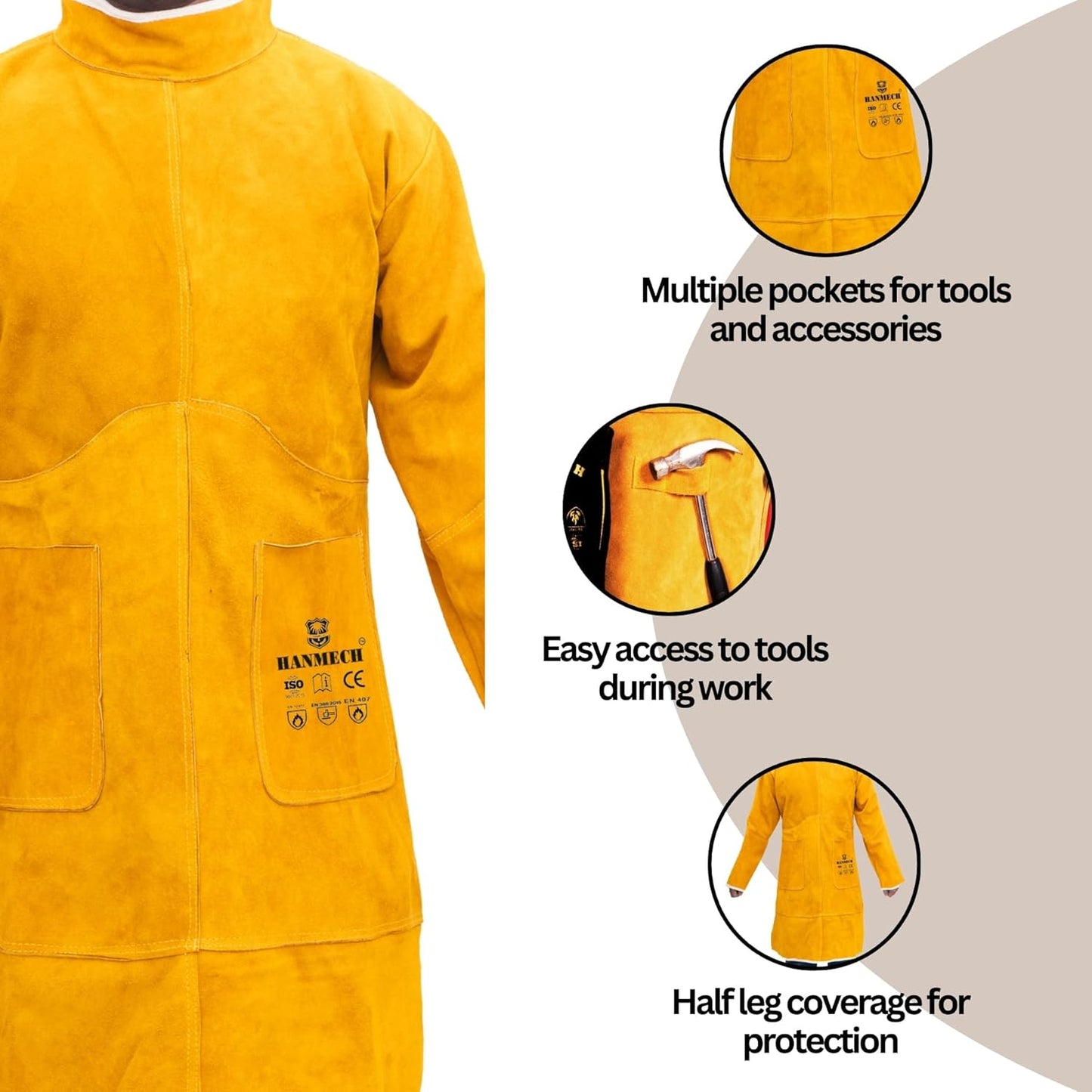 HANMECH Leather Welding Work Heavy Duty Welding Leather Coat | Flame Resistant Coat for High-Temperature Operations for Works and Welding