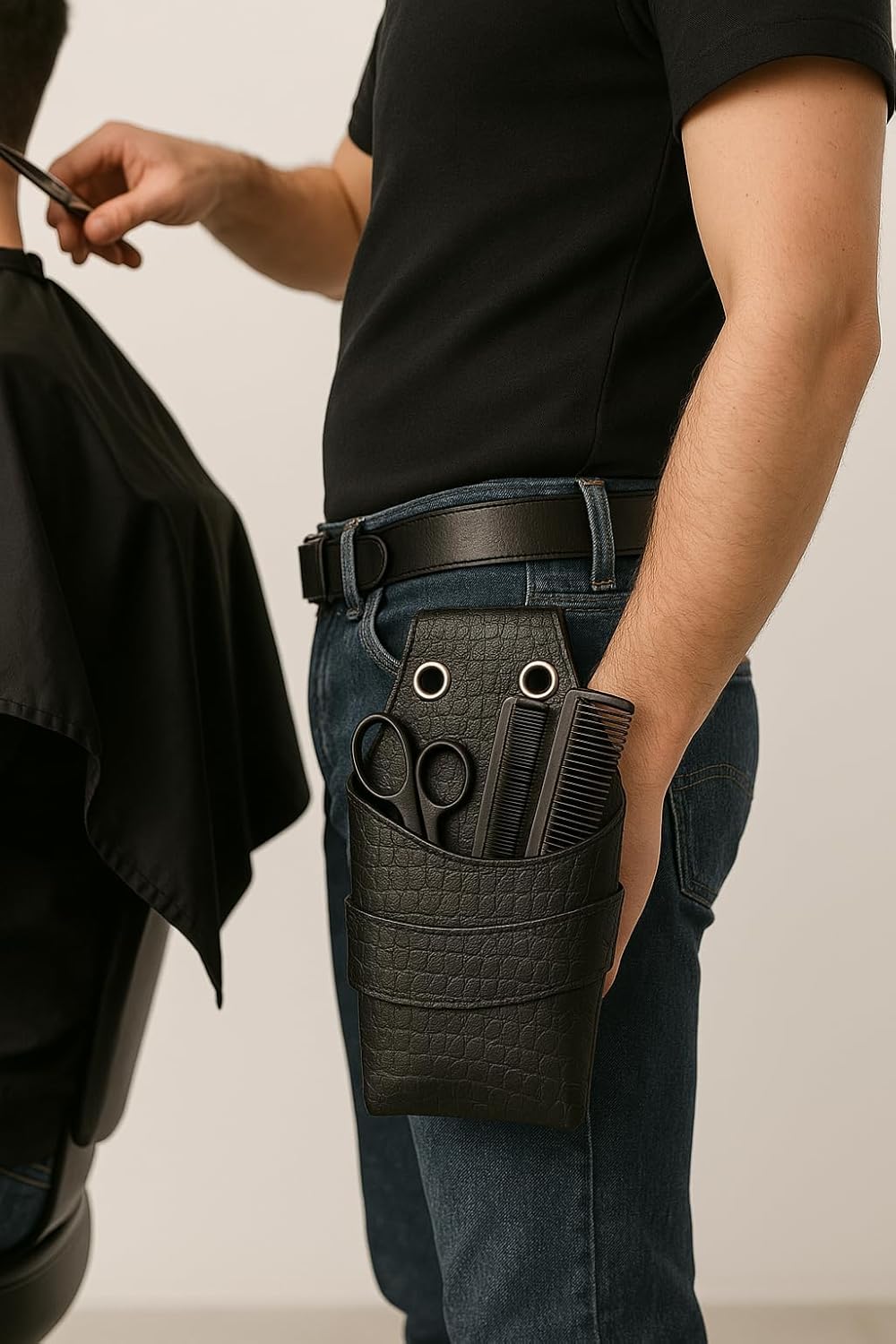 Barber Leather Tool Holster - Black Crocodile Print Scissor & Comb Pouch for Hairdressers | Belt Attachment Side Bag for Salon & Barbershop Use (Pack of 1)