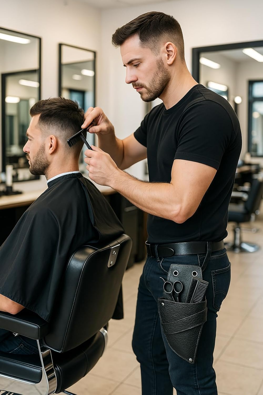 Barber Leather Tool Holster - Black Crocodile Print Scissor & Comb Pouch for Hairdressers | Belt Attachment Side Bag for Salon & Barbershop Use (Pack of 1)