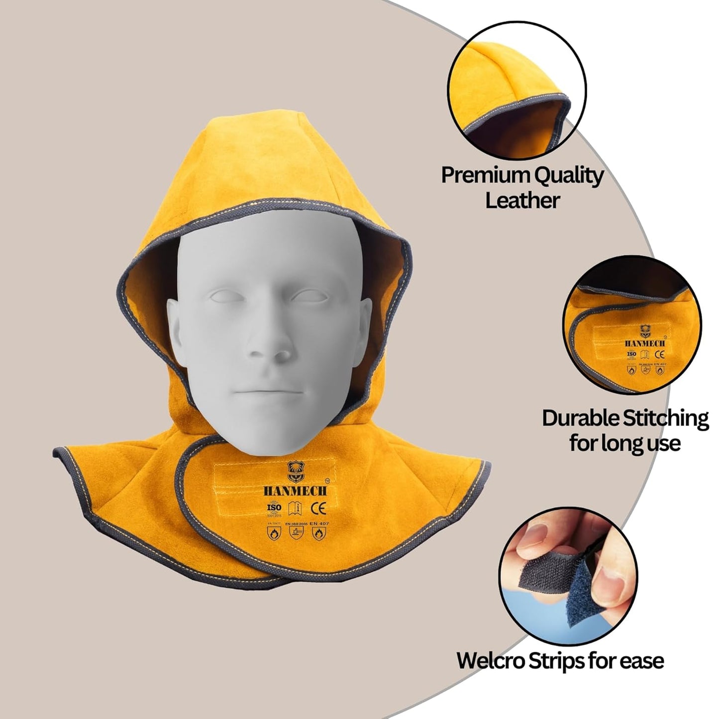 Welding Hood, Split Leather, Neck Shoulder Drape Protection, Specially for Welding Purpose Heat Protection Yellow