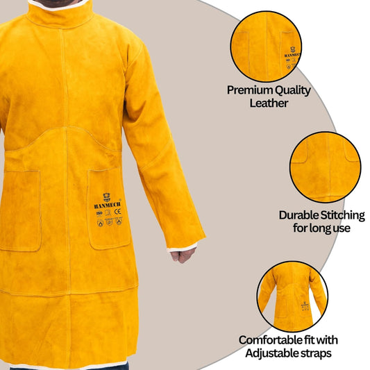 HANMECH Leather Welding Work Heavy Duty Welding Leather Coat | Flame Resistant Coat for High-Temperature Operations for Works and Welding