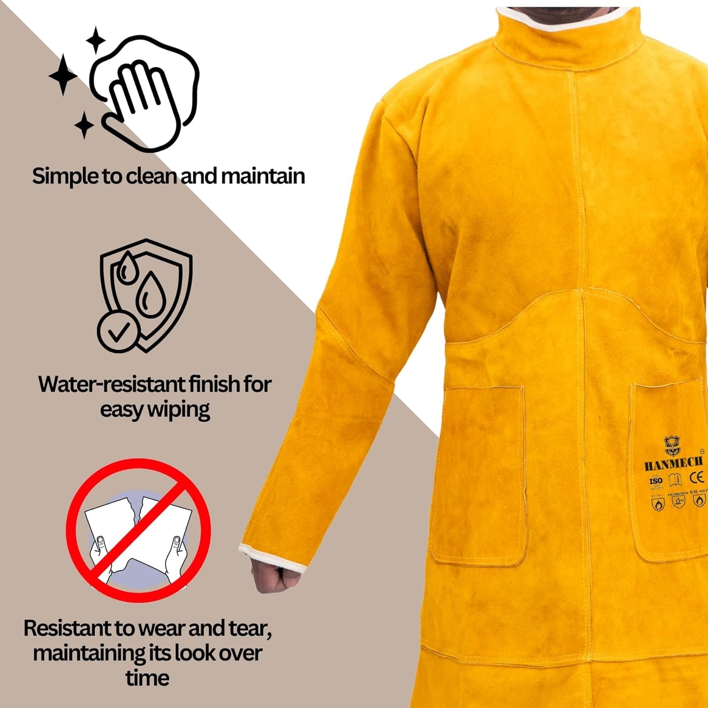 HANMECH Leather Welding Work Heavy Duty Welding Leather Coat | Flame Resistant Coat for High-Temperature Operations for Works and Welding