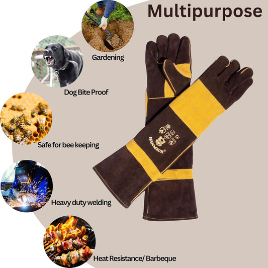 Leather Gloves BBQ grilling, gardening, pet handling,fire protection, aur even snake handling Protection for Snake bite, Dog Bite, Gardening, Sharp Edges, Honey Bee, Size 24 Inches