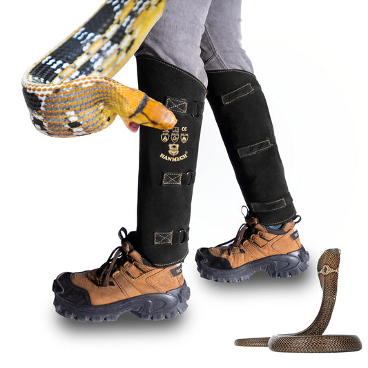 HANMECH Snake Bite Proof Leather Gaiters – 19" Long Leg Protection for Snake, Thorns, Brush & Outdoor Hiking | Heavy Duty Black Leather Leg Guards for Jungle, Trekking & Farm Use