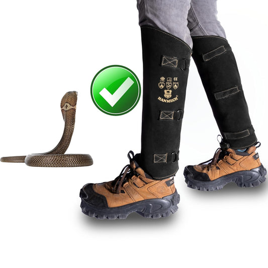 HANMECH Snake Bite Proof Leather Gaiters – 19" Long Leg Protection for Snake, Thorns, Brush & Outdoor Hiking | Heavy Duty Black Leather Leg Guards for Jungle, Trekking & Farm Use