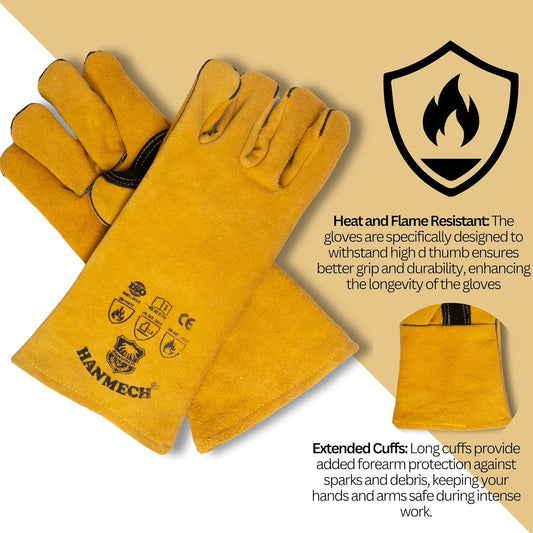 Welding Gloves – Heat & Cut Resistant Split Leather (1 Pair) for Industrial, BBQ, Fireplace & Heavy Duty