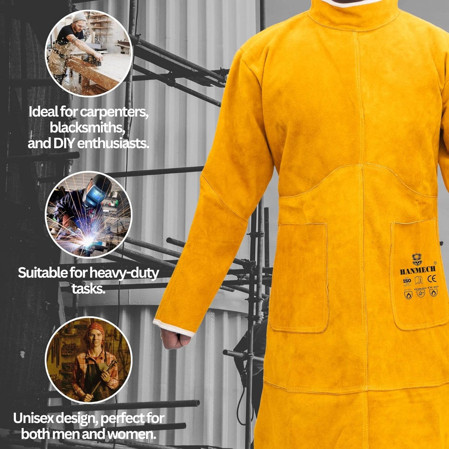 HANMECH Leather Welding Work Heavy Duty Welding Leather Coat | Flame Resistant Coat for High-Temperature Operations for Works and Welding