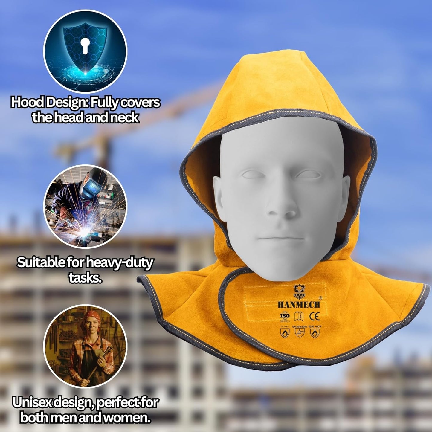 Welding Hood, Split Leather, Neck Shoulder Drape Protection, Specially for Welding Purpose Heat Protection Yellow