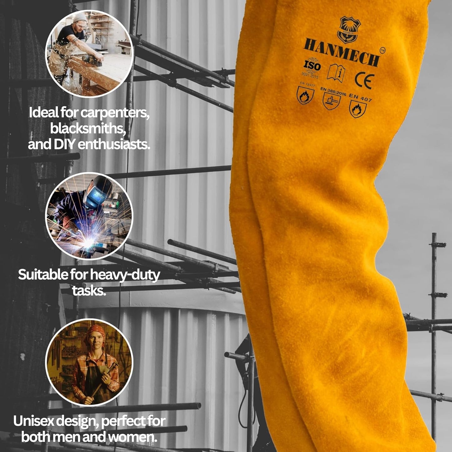 HeatShield Leather Welding Hand Sleeves, Heavy Duty Safety Hand Protection