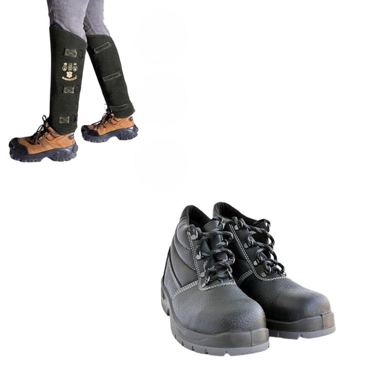 HANMECH Leather Snake Gaiters + Free 1 Pair High Ankle Safety Shoes, Bite & Puncture Proof Against Snakes, Dogs, Wolves, Wild Cats & Predators for Hunting, Hiking, Farming & Safety