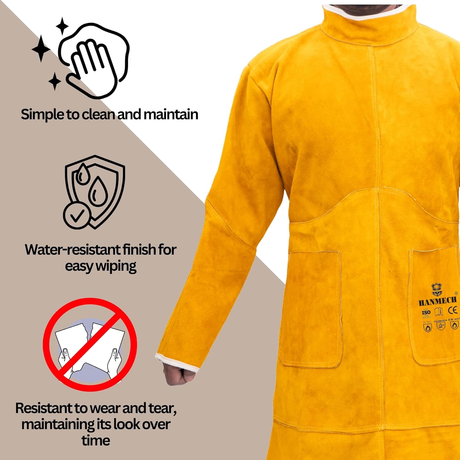 HANMECH Leather Welding Work Heavy Duty Welding Leather Coat | Flame Resistant Coat for High-Temperature Operations for Works and Welding