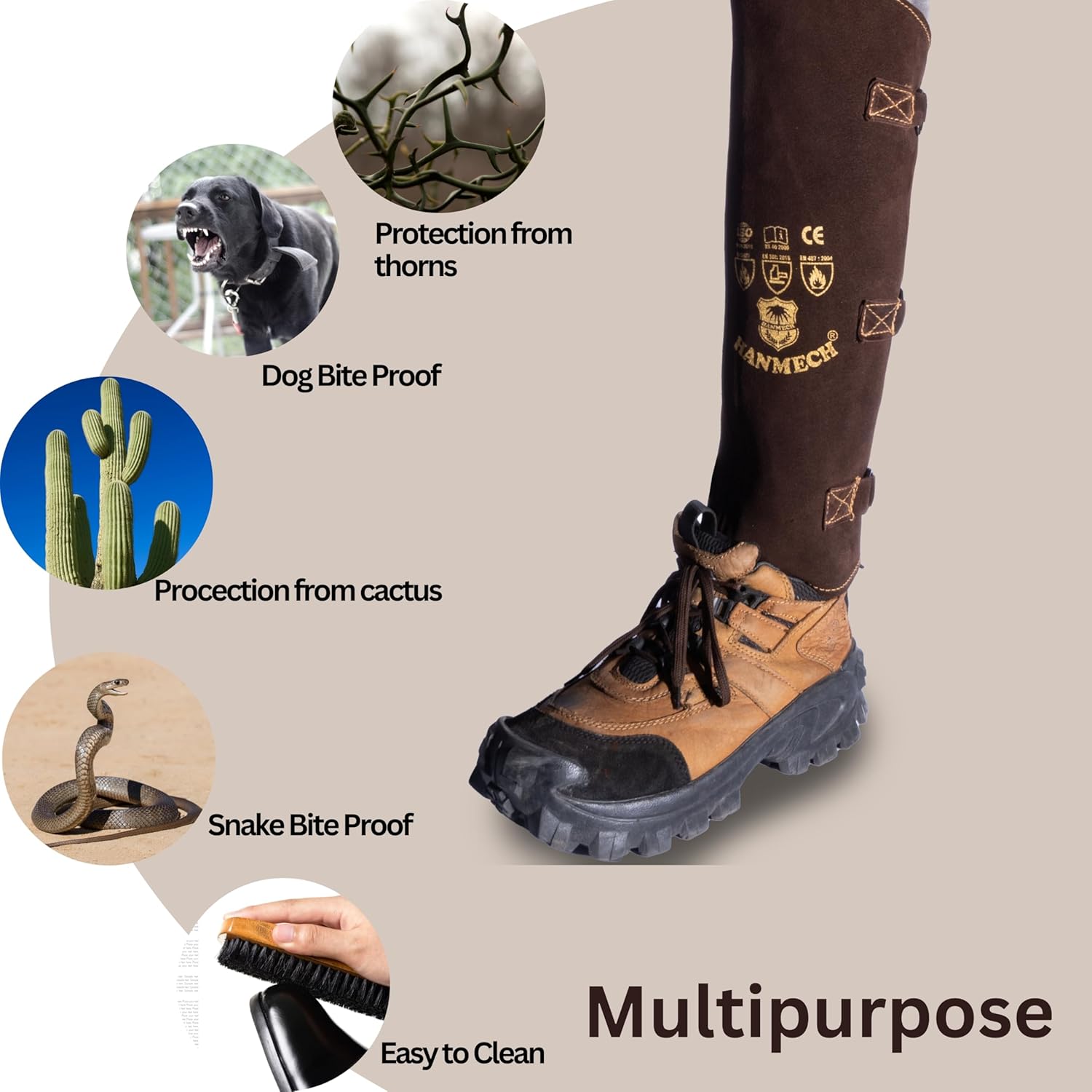 HANMECH Snake Bite Proof Leather Gaiters – 19" Long Leg Protection for Snake, Thorns, Brush & Outdoor Hiking | Heavy Duty Black Leather Leg Guards for Jungle, Trekking & Farm Use