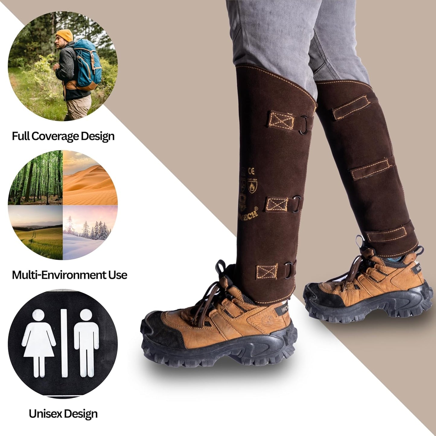 HANMECH Snake Bite Proof Leather Gaiters – 19" Long Leg Protection for Snake, Thorns, Brush & Outdoor Hiking | Heavy Duty Black Leather Leg Guards for Jungle, Trekking & Farm Use