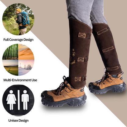 HANMECH Snake Bite Proof Leather Gaiters – 19" Long Leg Protection for Snake, Thorns, Brush & Outdoor Hiking | Heavy Duty Black Leather Leg Guards for Jungle, Trekking & Farm Use