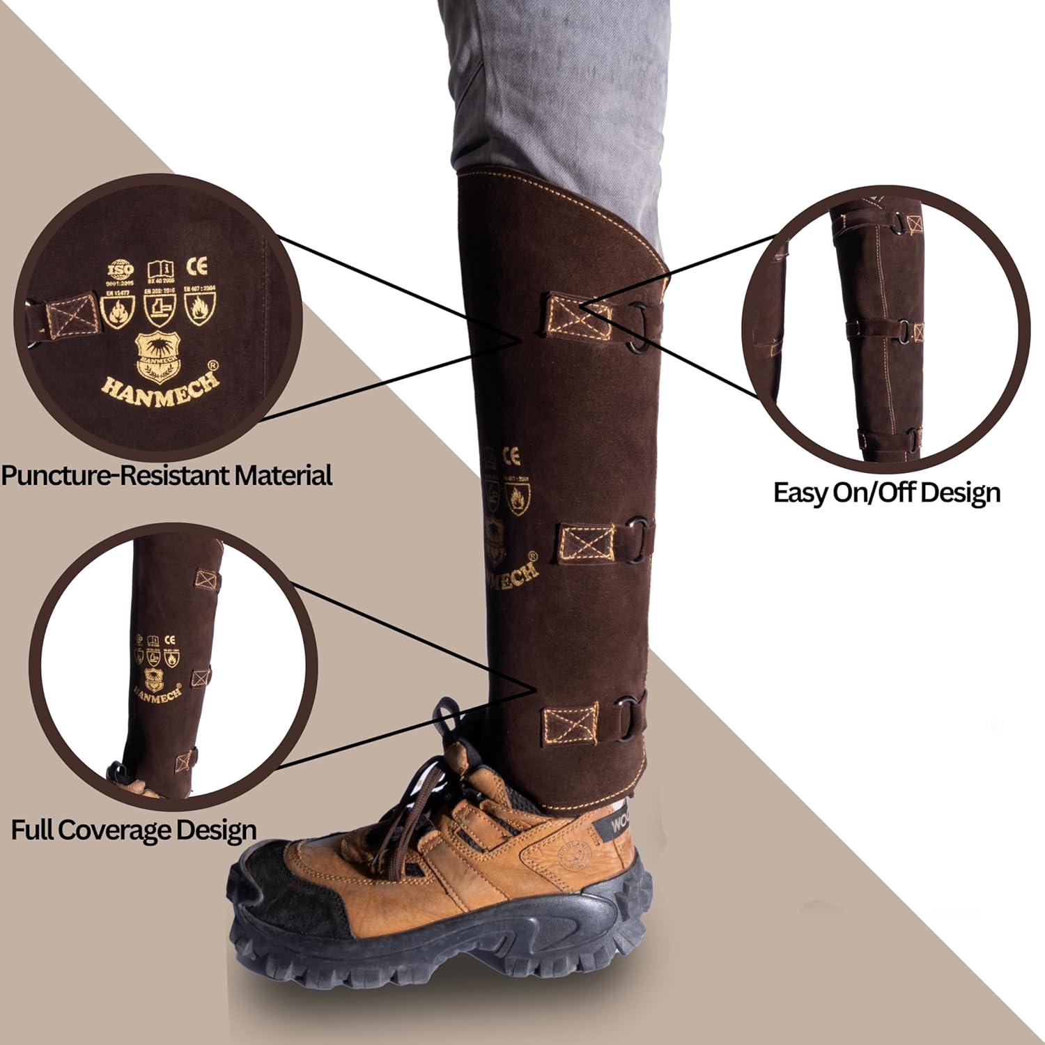 HANMECH Snake Bite Proof Leather Gaiters – 19" Long Leg Protection for Snake, Thorns, Brush & Outdoor Hiking | Heavy Duty Black Leather Leg Guards for Jungle, Trekking & Farm Use