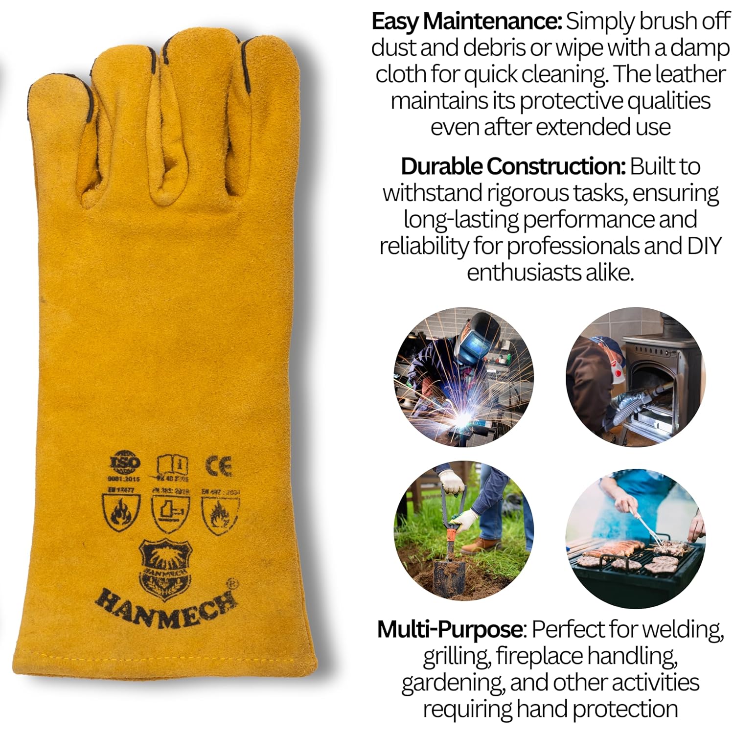 Welding Gloves – Heat & Cut Resistant Split Leather (1 Pair) for Industrial, BBQ, Fireplace & Heavy Duty